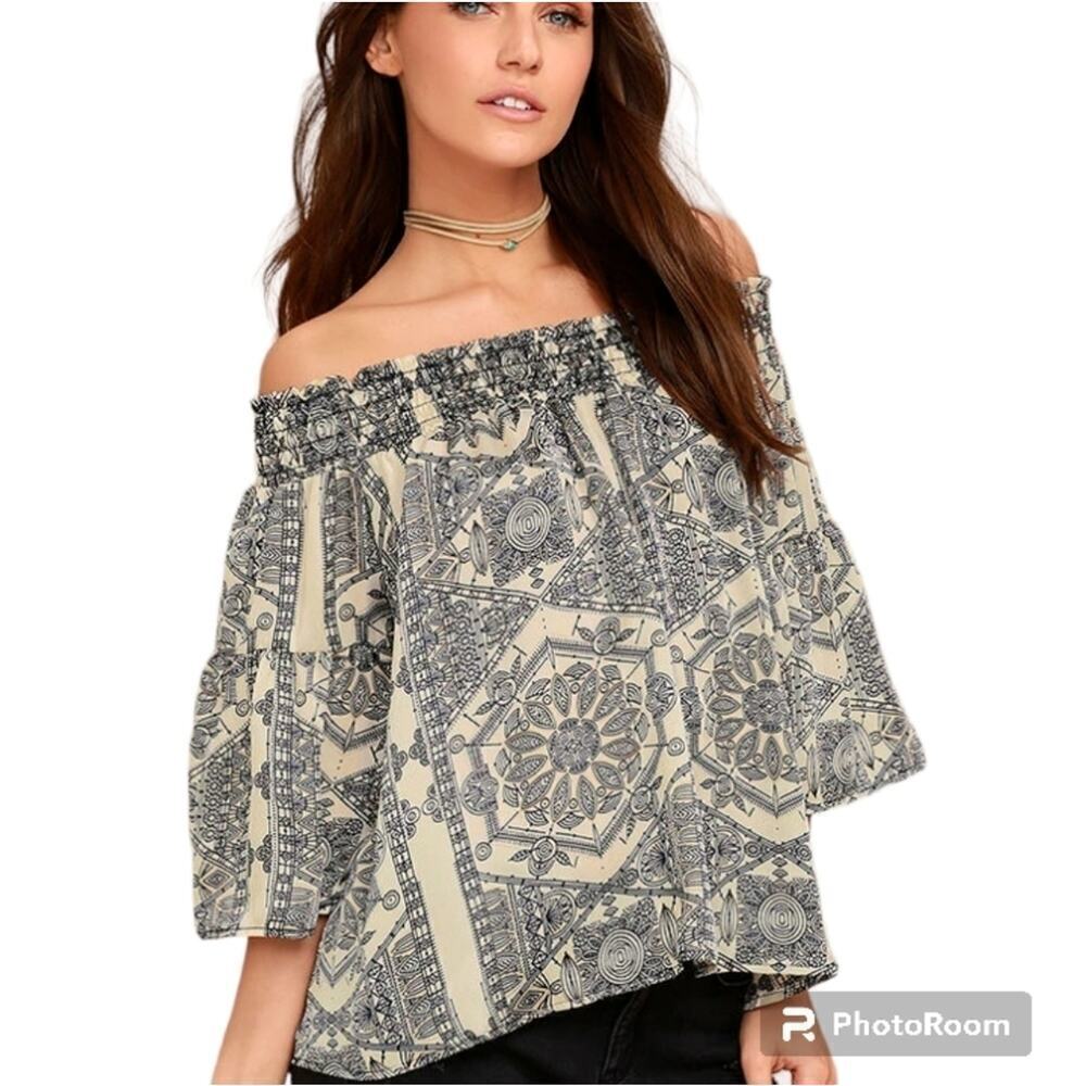 Lulus South Bay Cream Print Off-the-Shoulder Boho Blouse Top Sz S